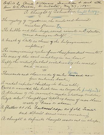 WHITMAN, WALT. Signature and holograph corrections on a secretarys manuscript draft of his poem, A Thought of Columbus, in blue penc
